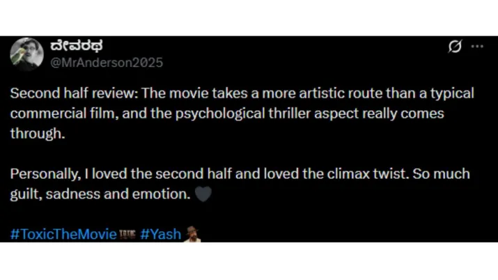 India Tv - Screengrab showing X user reacting to Yash's Toxic. 