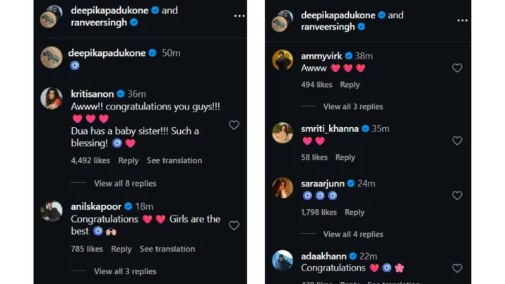 India Tv - Celebs react to Deepika Padukone and Ranveer Singh's Instagram post. 