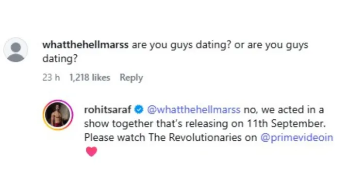 India Tv - Screengrab showing Rohit Saraf's Instagram comment. India Tv - Rohit Saraf's Instagram comment.