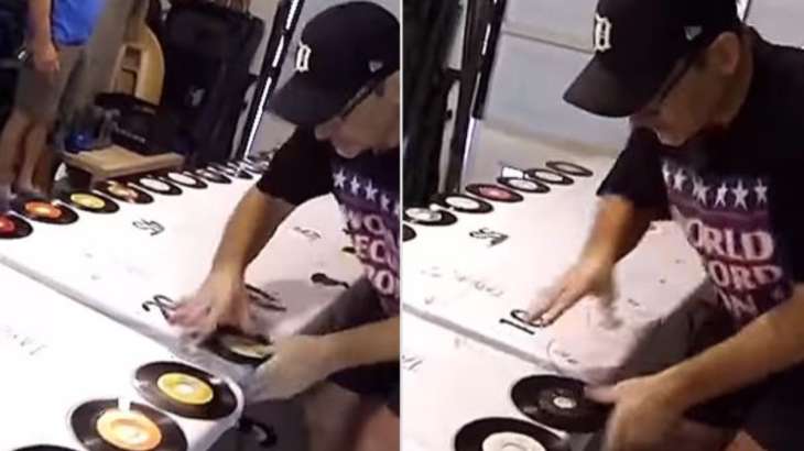 Man creates a World Record for smashing vinyl records