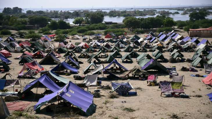 Temporary housing is constructed for flood victims, in