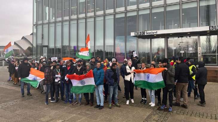 Indian community protesting outside BBC office. 