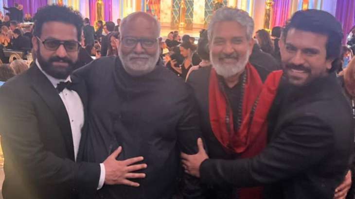 Golden Globes Awards 2023 celebration by Ram Charan, Jr NTR, SS Rajamouli and MM Keeravani