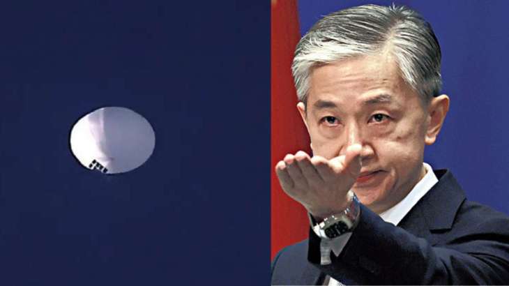 Spy balloon (L) and China's Foreign Ministry spokesman Wang