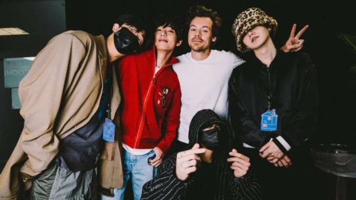 BTS V Jungkook, RM and Suga pose with Harry Styles after his concert