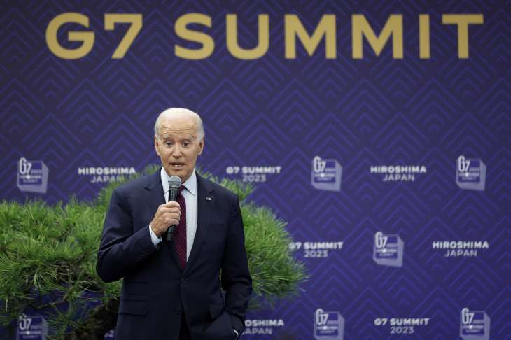 Joe Biden addressing a press conference in Hiroshima