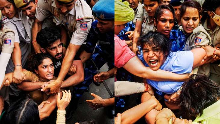 Wrestlers Sakshi Malik (R), Vinesh Phogat (L) detain from