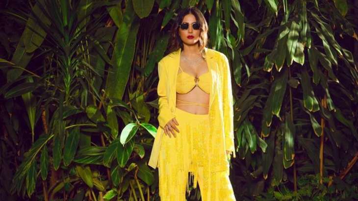 Hina Khan wore a yellow pantsuit and bralette for her most recent photoshoot.