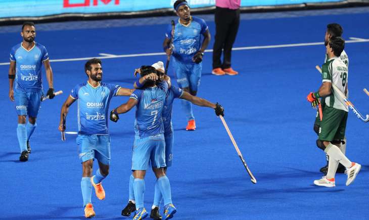 Indian players celebrating the team's fourth goal against