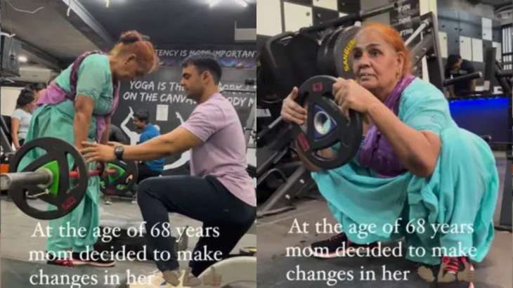 An elderly woman working out at a gym