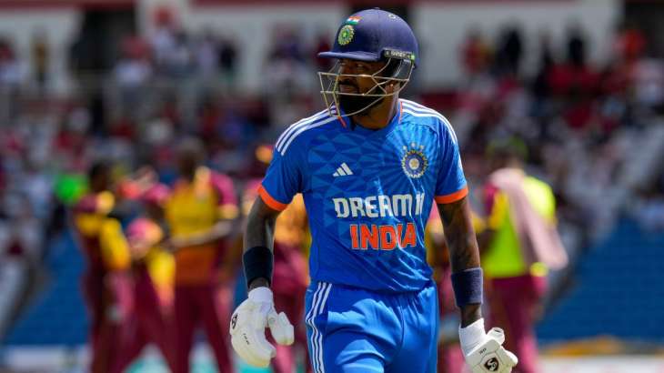 Hardik Pandya during the 1st T20I against WI on August 3,