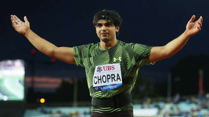 Neeraj Chopra celebrating his win at Lausanne Diamond