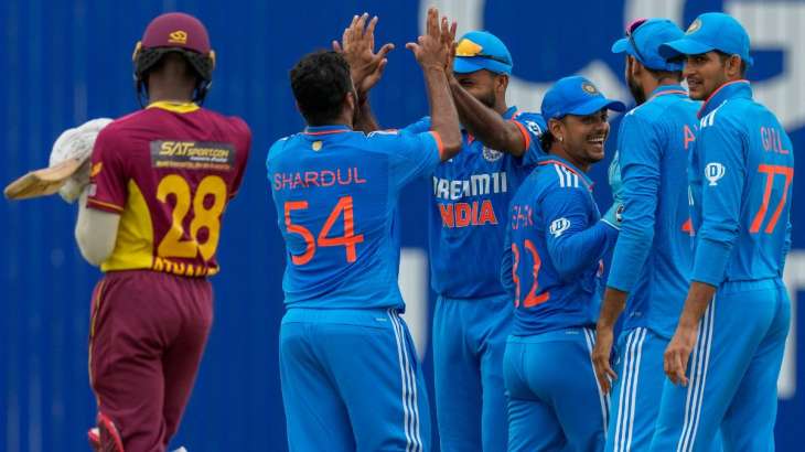 Indian players celebrate a wicket during 3rd ODI vs the
