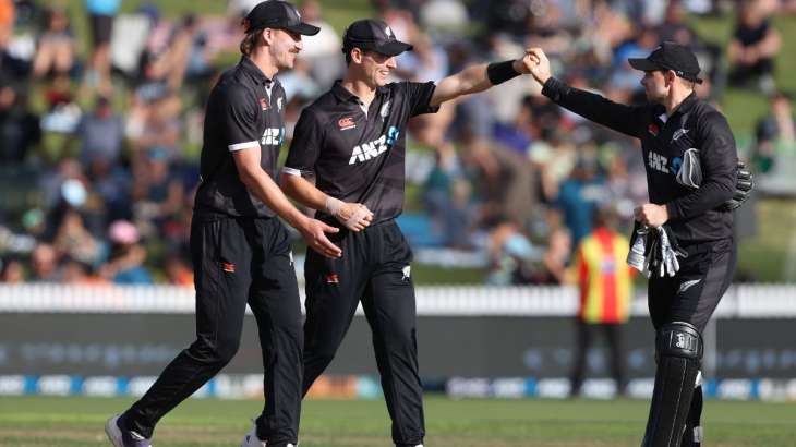 New Zealand players celebrate a wicket