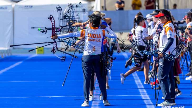 Indian compound women's team in action during Archery World Cup 2023 in Paris