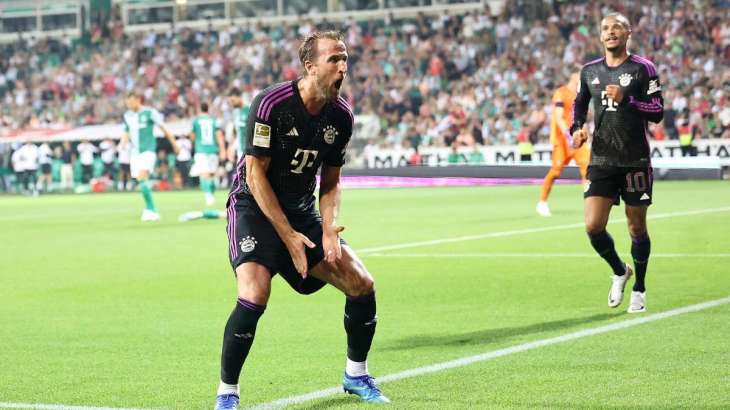 Harry Kane celebrating his first Bundesliga goal on August