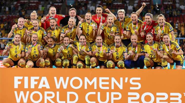 Sweden women's football team during the medal ceremony on