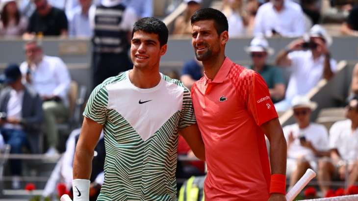 Carlos Alcaraz and Novak Djokovic during the semi-final