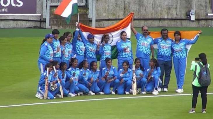 India women's blind cricket team celebrating at Edgbaston