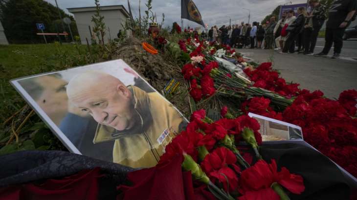 A portrait of Wagner chief Yevgeny Prigozhin at a memorial