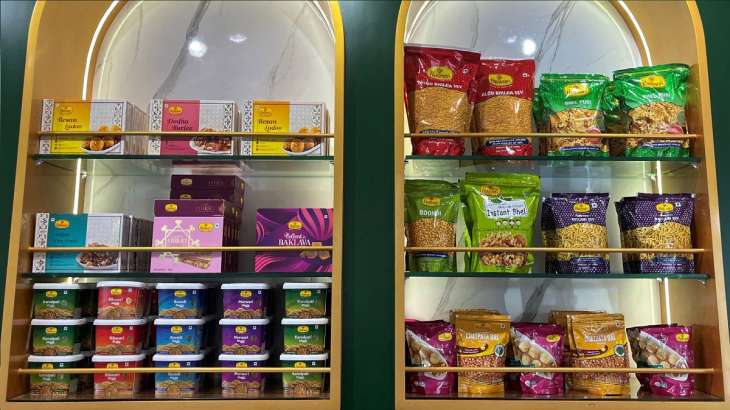 A view shows packets of snacks on the shelves inside a