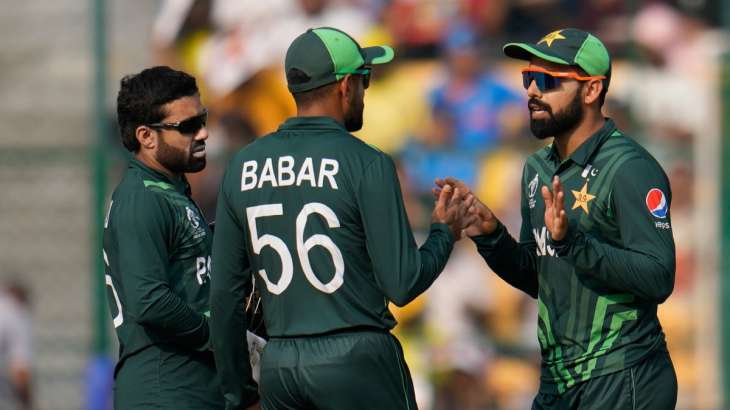 Pakistan captain Babar Azam during discussion with