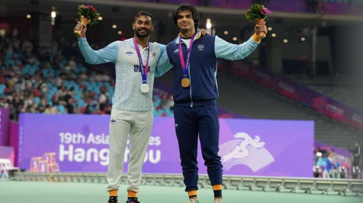 Kishore Kumar Jena and Neeraj Chopra at Asian Games 2023 in