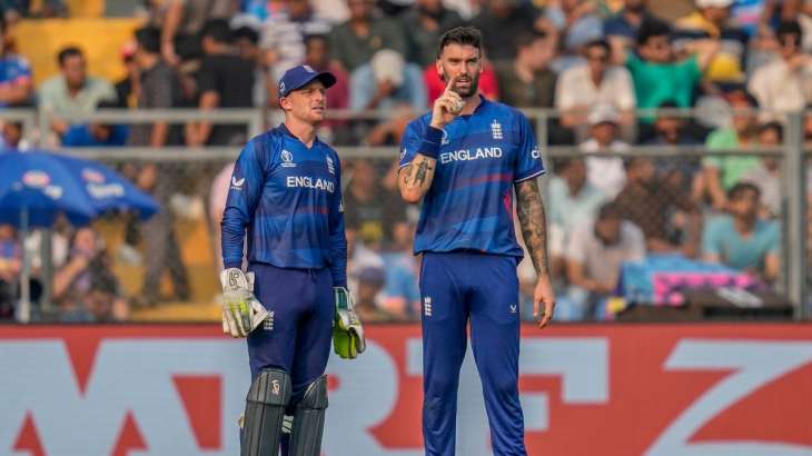 Jos Buttler and Reece Topley vs South Africa on Oct 21, 2023