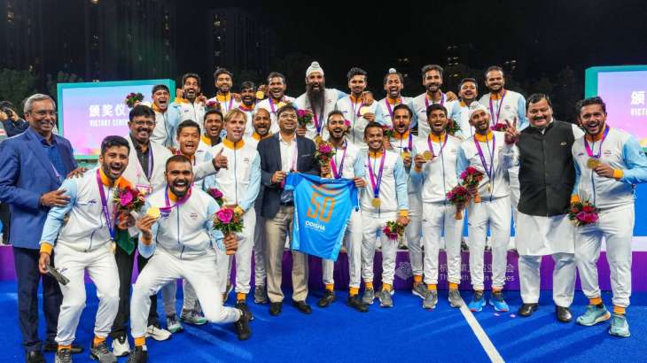 India hockey team after winning Gold in Asian Games 2023 on