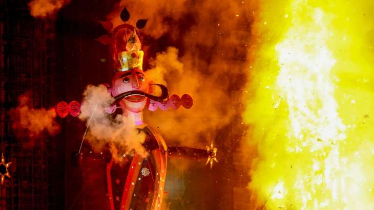 Demon King Ravana stuffed with firecrackers burns during