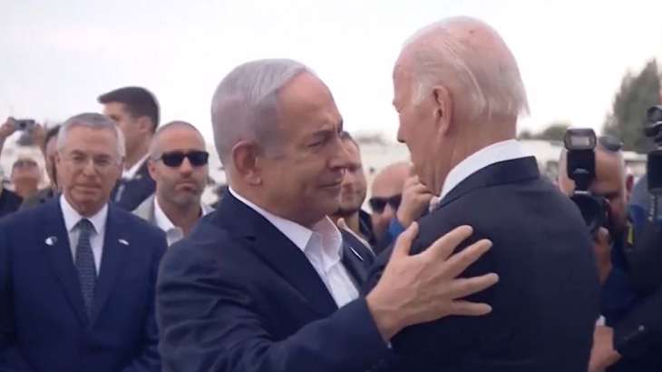 Israeli Pm Benjamin Netanyahu Welcomes Us President Joe Biden As He Lands In Tel Aviv.