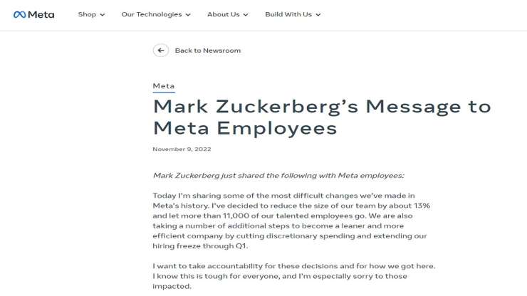 Mark Zuckerberg Says Sorry As Meta Fires More Than 11000 Employees Full Statement India Tv