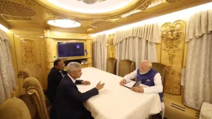 Prime Minister Modi with External Affairs Minister S Jaishankar and National Security Advisor Ajit Doval on board a train to Ukraine from Poland.