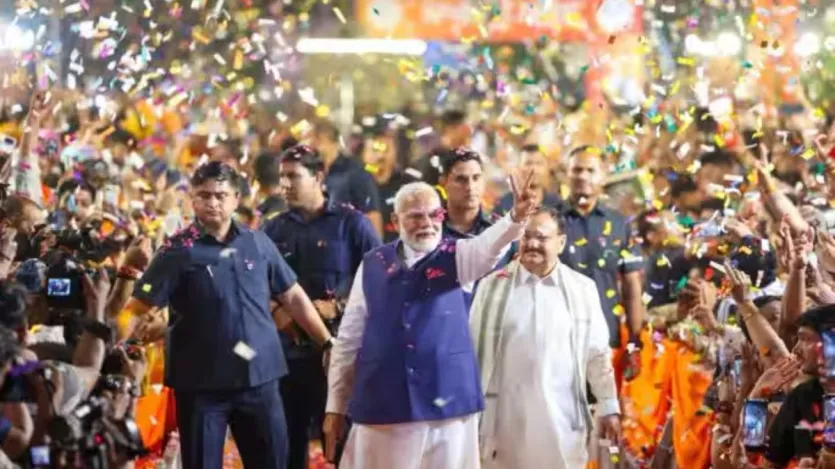 Prime Minister Modi at the BJP Headquarters after winning the 2024 Lok Sabha elections. The BJP emerged as the single largest party in the Lok Sabha elections in 2024, but it fell short of achieving the magic figure of 272 on its own. Since the party managed to win 240 seats, it formed the government with the support of allies including Chandrababu Naidu's TDP, Nitish Kumar's JDU, Chirag Paswan's Lok Janshakti Party-Ram Vilas (LJP-RV), Eknath Shinde's Shiv Sena among others. 