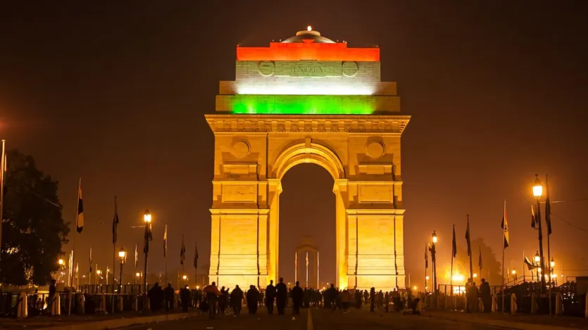 At the centre of New Delhi stands the 42 m high India Gate, an 