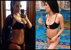 kim kardashian kylie jenner post selfies in racy black bikini view pics