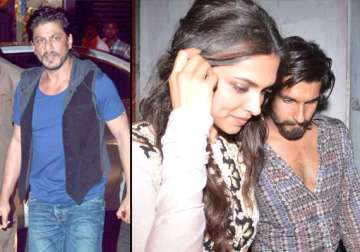 shah rukh khan spotted partying with deepika padukone and ranveer singh view pics