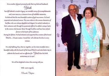 yash chopra s wife pamela pens down the invitation for birth anniversary view pics