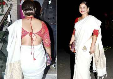 vidya balan s backless blouse with white saree makes her slimmer