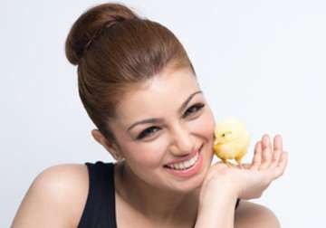 ayesha takia poses with a chick for peta