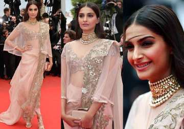 cannes 2014 sonam kapoor goes desi with couture net saree dress view pics