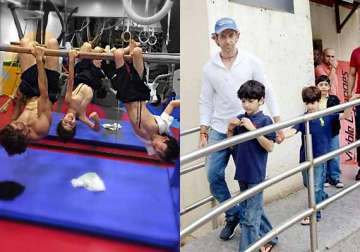 hrithik roshan s kids hrehaan hridhaan join him in gym view pics