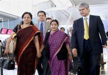 sushma swaraj arrives in us to preside over yoga day event at un