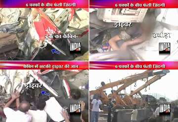 gas cutter hammer used to rescue driver from overturned trailer in udaipur