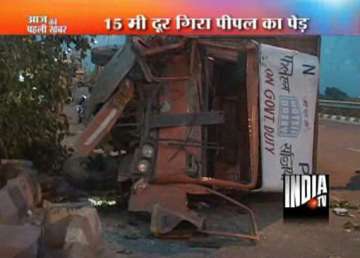 speeding truck uproots tree in delhi