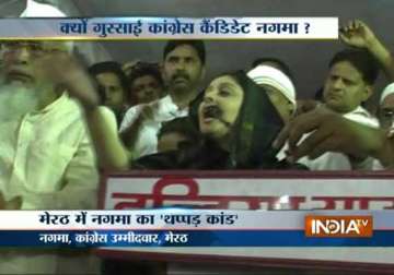 watch actor nagma slapping a man in meerut during campaign