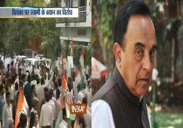 delhi congress protests outside subramanian swamy s residence