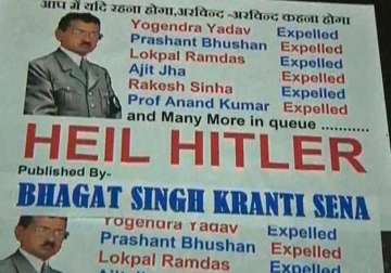 now poster compares delhi cm kejriwal with hitler