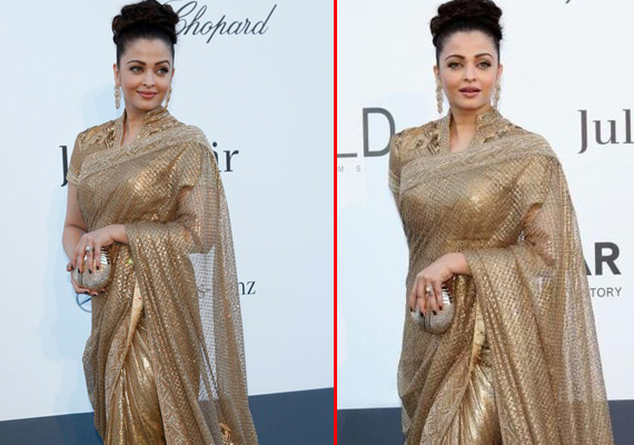 Aishwarya Rai glitters in golden Saree at Cannes (view pics ...