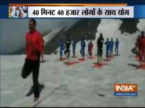 Indo-Tibetan Border Police (ITBP) personnel perform yoga at Rohtang Pass